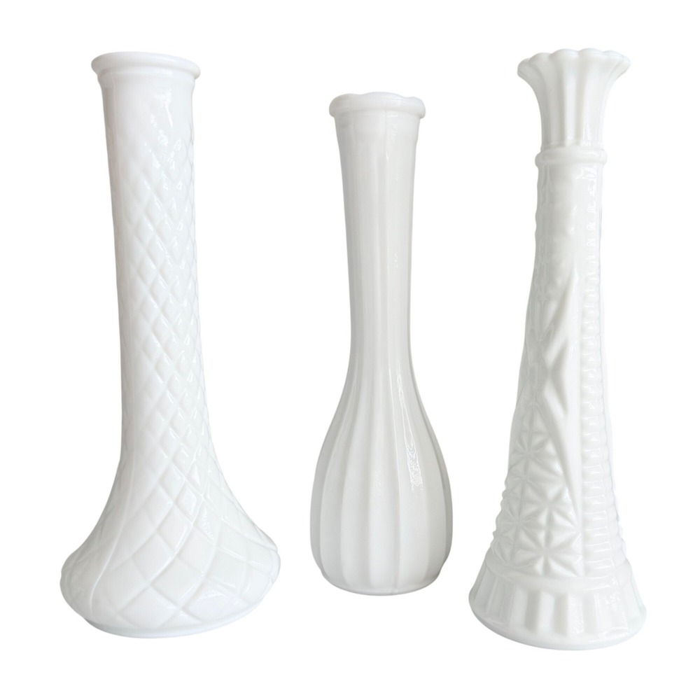 Hoosier Glass Milk Glass Bud Vase Set of 3 White 9 Inch Excellent Vintage MCM